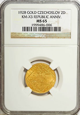 1928 Czechoslovakia gold 2 Ducat / Dukat NGC MS65 10th Anniversary of 