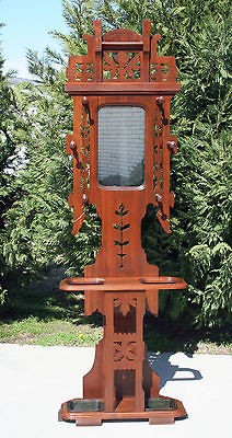 Eastlake Victorian Walnut Hall Tree Umbrella Stand Orig Iron Drip Pans 