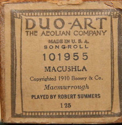 MACHUSLA ROBERT SUMMERS AEOLIAN DUO ART REPRODUCING PIANO ROLL 