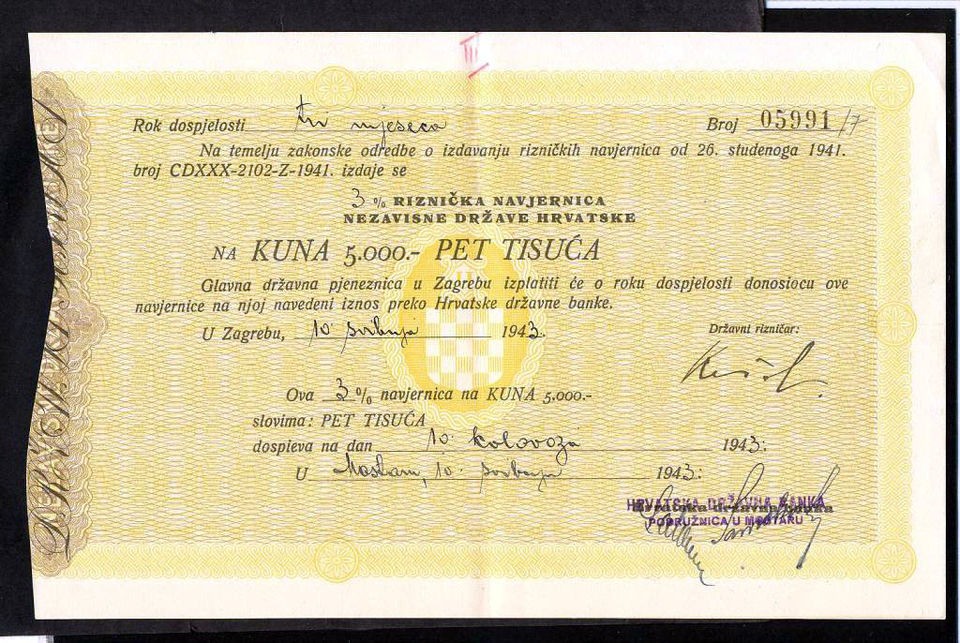 CROATIA * 5000 Kuna 26/11/1941 XF/AU *WWII WAR BOND NDH USTAS​HA 