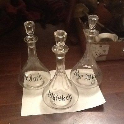 SET OF (3) VINTAGE ETCHED GLASS DECANTERS WITH GLASS LIDS WHISKEY/RYE 