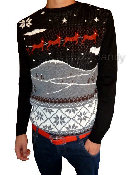 Mens xmas eve festive santas sleigh jumper 80s kitsch indie vtg xs s m 