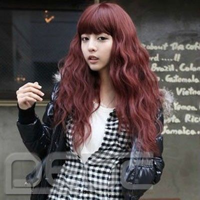 Womens Girls Bang Burgundy Sexy Long Wavy Curly Fashion Hair Full Wig 