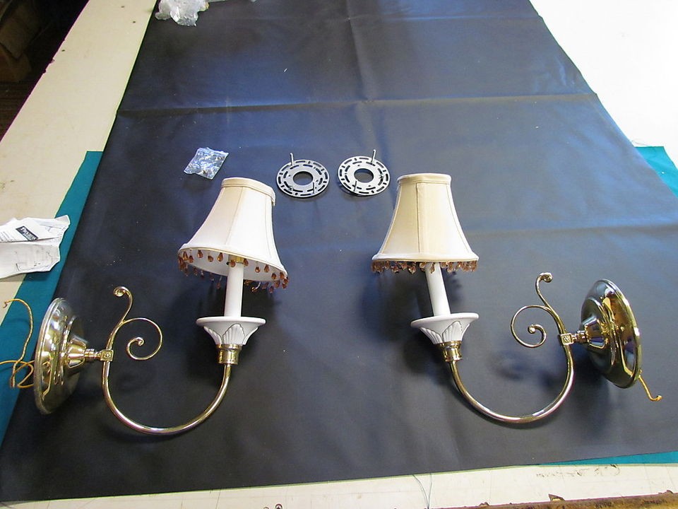 PROGRESS LIGHTING 020447 SCONCES BRASS W/ TAN SHADES PAIR