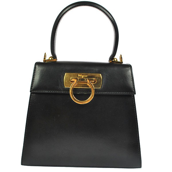 Auth Salvatore Ferragamo Gold Ganchini 2Way Hand Bag Black Vintage 