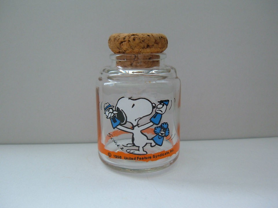 SNOOPY vintage, character, glass MINI STORAGE JAR with cork lid 1958