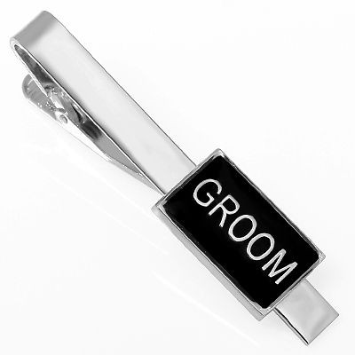 WEDDING DAYS ATTIRE GROOM BLACK ENAMEL & RHODIUM PLATED TIE CLASP CLIP 