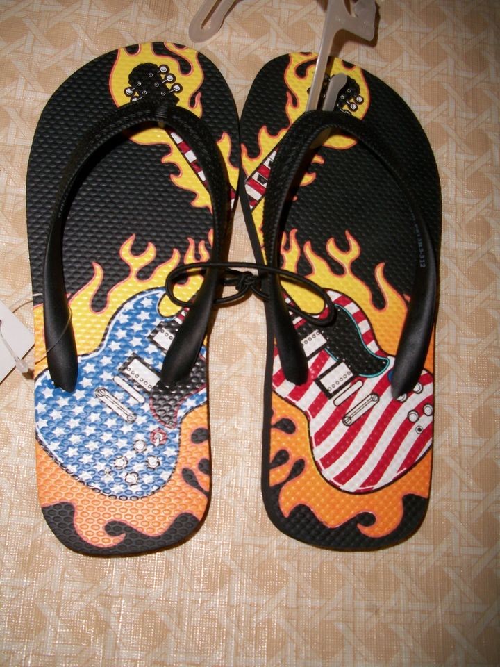 OP Ocean Pacific Boys Sandals Flip Flops Black Guitars Flames size M 