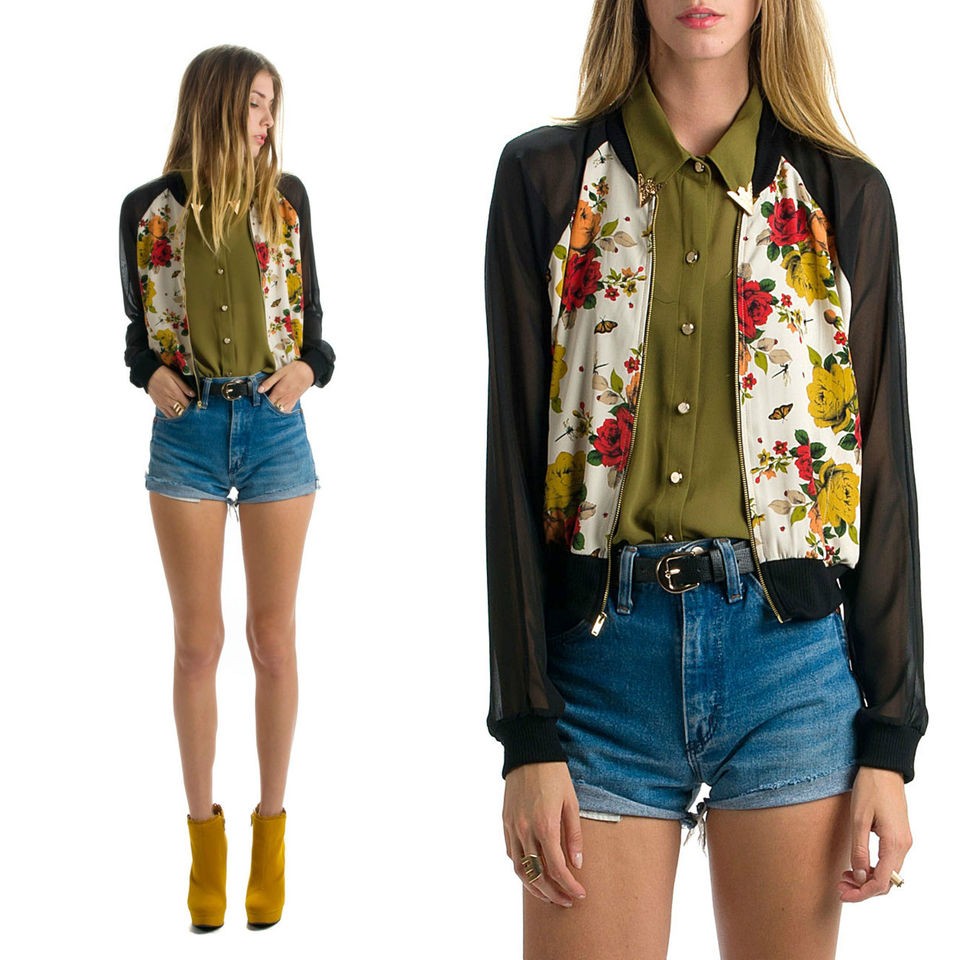 WILD ROSE MULTI COLORED FLORAL SHEER BRASS ZIP UP TRACK BOMBER JACKET 