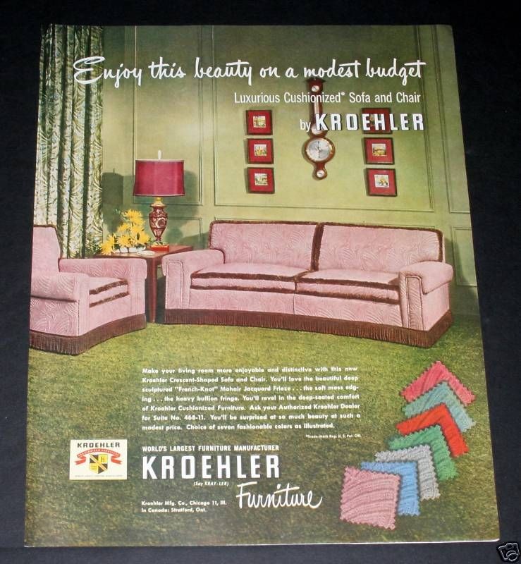 1950 OLD MAGAZINE PRINT AD, KROEHLER SOFA & CHAIR, LUXURIOUS