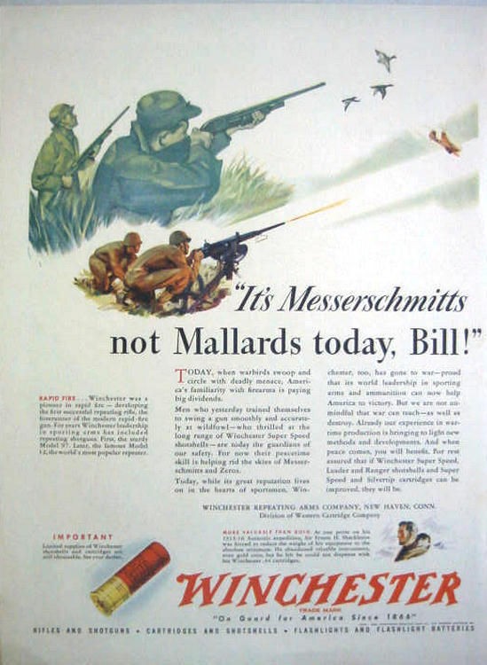 1942 WWII WINCHESTER   ITS MESSERSCHMITTS NOT MALLARDS TODAY   PRINT 