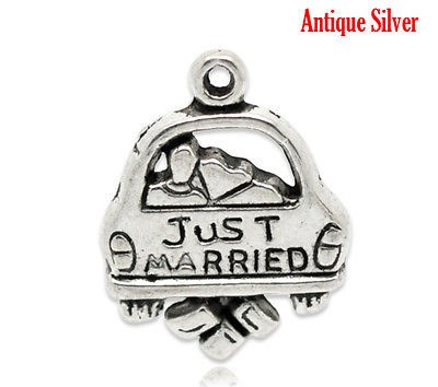   Silver Tone Just Married wedding Lucky Honeymoon car charms pendants