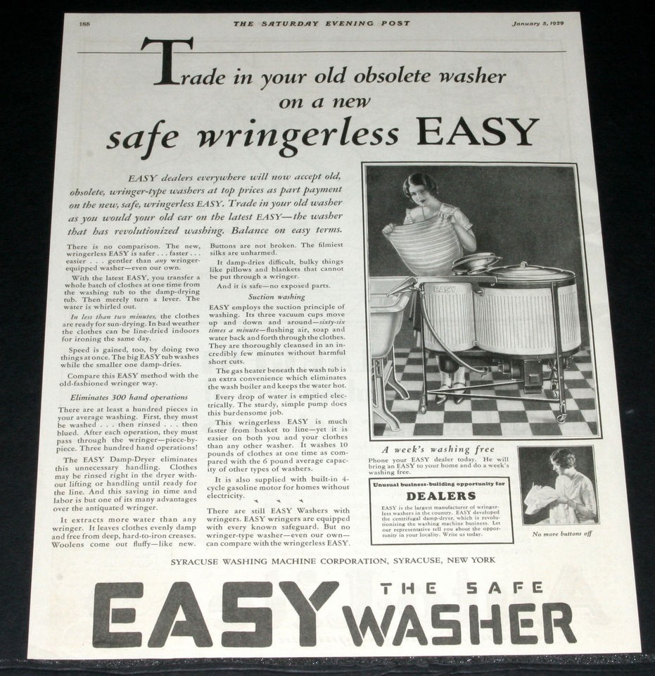   MAGAZINE PRINT AD, EASY CLOTHES WASHER MACHINE, SAFE & WRINGERLESS