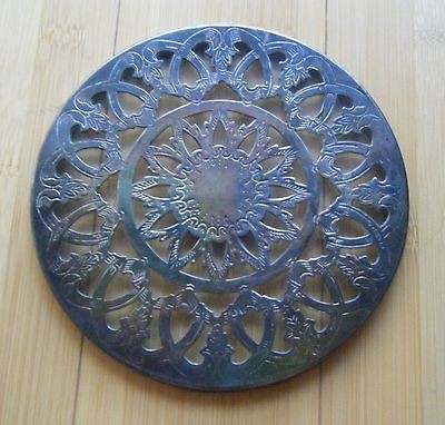 ANTIQUE RAIMOND SILVER PLATED ROUND TRIVET w/Glass