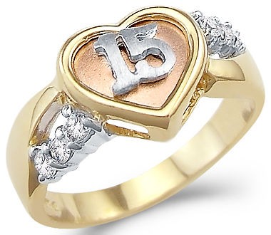 14k Yellow Gold 15 Birthday Quinceanera Heart CZ Ring