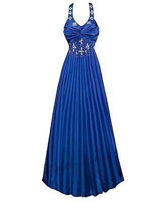 Fabulous Pleated Rhinestones Halter V Neck Padded Evening Gowns M Blue