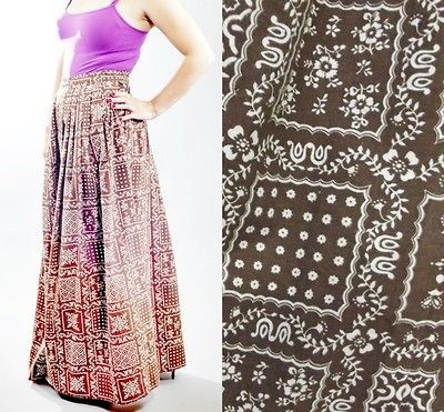   Brown & White Print Maxi Long Peasant Skirt sz S M Hippie Groovy