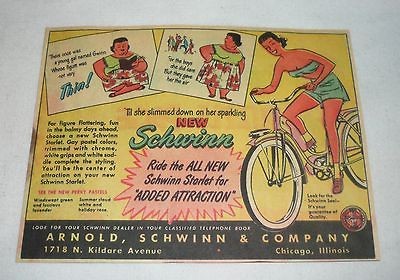 1950 SCHWINN STARLET cartoon ad ~ Gal Named Gwinn