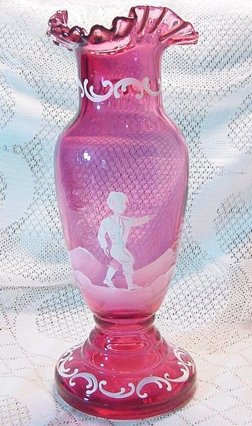  Gregory Cranberry Glass Vase White Enamel Boy Bird Scrolls Europe c 