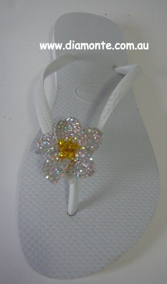 White Slim Havaianas Thongs Featuring Swrovski Frangipani Flower 