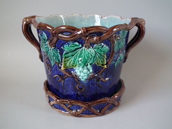 Gustafsberg Majolica grapevine jardiniere and stand