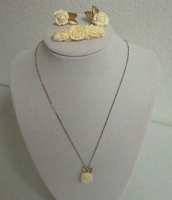 Vintage Faux Ivory Necklace, Earrings, Brooch Krementz