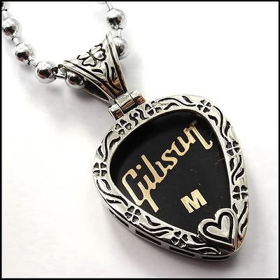 Heart Silver Brass Guitar Pick Holder Pendant Necklace