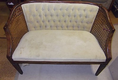 MID CENTURY SMALL SOFA LOVE SEAT CHAIR COUCH WOODEN CANE VELVET SETTEE 