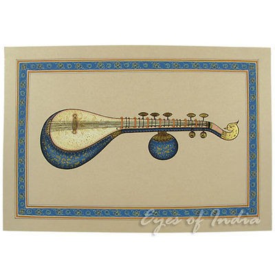 INDIAN TAMBURA SITAR MUSIC MINIATURE PAINTING Ethnic Vintage Classical 