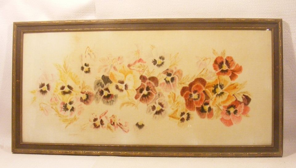 Vintage Art Deco Framed Pansy Flower Painting on Silk Fabric Silk 