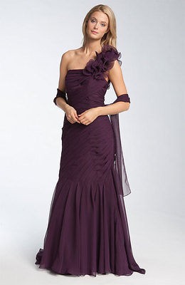 Veni Infantino Pleated One Shoulder Ruffle Gown AUBERGINE Size 6 