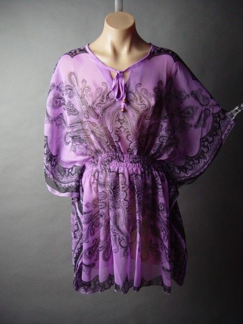 Paisley Print 60s 70s Ethnic Gypsy Caftan Style Boho Sheer Chiffon Top 