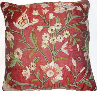 Crewel Pillow Tree of Life Deep Red Silk Organza (20x20)