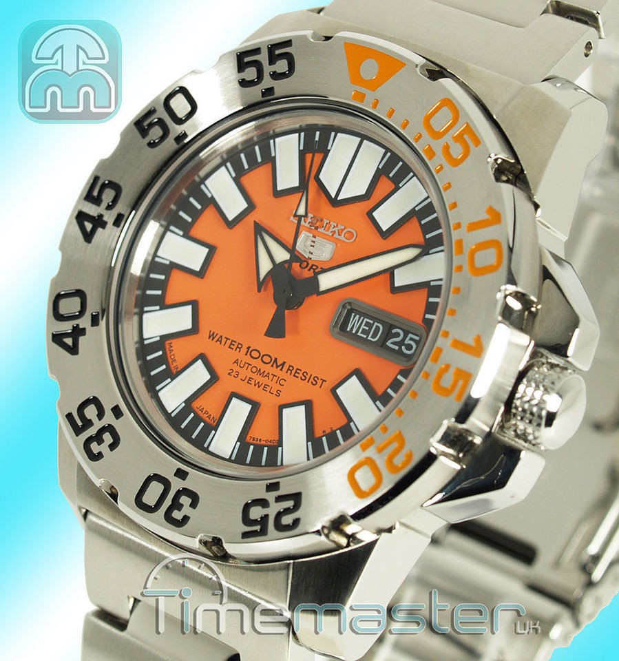 LATEST SEIKO 5 SPORTS MONSTER MENS AUTOMATIC DIVERS ORANGE FACE 