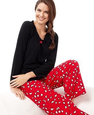 Hue Sleepwear Womens Pajama 2 Piece Set Fleece Top Flannel Pants 