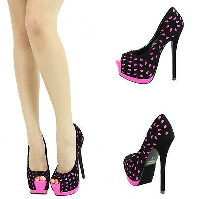 BLK NEON PINK PERFORATED PEEP TOE HIGH HEEL PLATFORM STILETTO WOMENS 