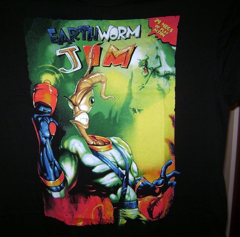 EARTHWORM JIM VIDEO GAME T SHIRT S SMALL SM BLACK NEW GENESIS SNES BOX 