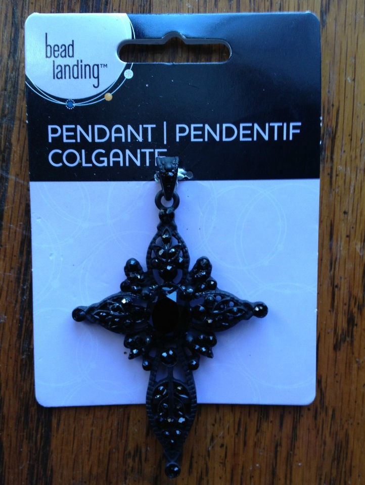 Bead Landing Black METAL CROSS Filagree with Black Gems 1.75 W by 2.5 