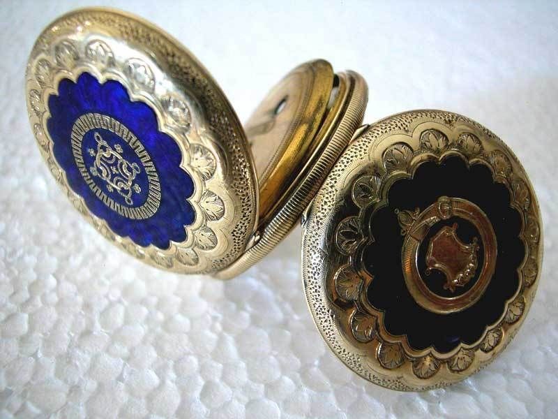 18K YELLOW GOLD BLUE ENAMELED MENS KEY WIND POCKET WATCH E.HUGUENIN 