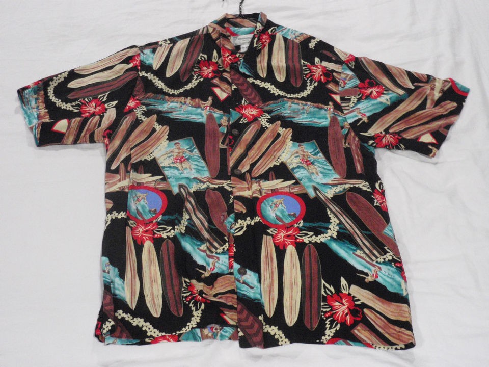 VTG Kamehameha RAYON Hawaiian Shirt Mens Large Black Surfing Surfer