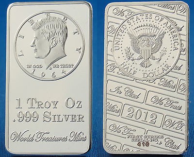 2012 100 1 Troy Ounce .999 SILVER JOHN F KENNEDY HALF DOLLAR Clad Bar 