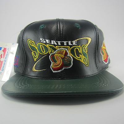 VTG Seattle Sonics Supersonics Leather Strapback Hat Cap Snapback OKC 