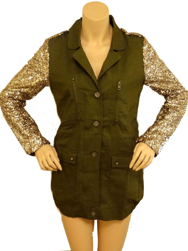 NEW WOMENS GOLD SEQUINS, KHAKI ARMY JACKET,COAT , SIZE 10,12,14