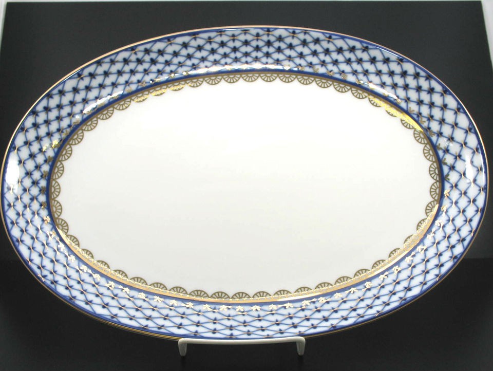 NEW LOMONOSOV DESIGN OVAL SERVING PLATTER COBALT NET PATTERN 22K GOLD 