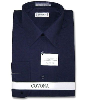 Mens NAVY BLUE Dress Shirt Convertbl Cuffs sz 16 36/37