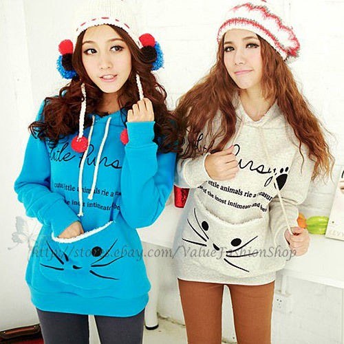 Korean Fashion Womens Cute Zip Hoodie Cat Loose Long Hooded Sweatshirt 