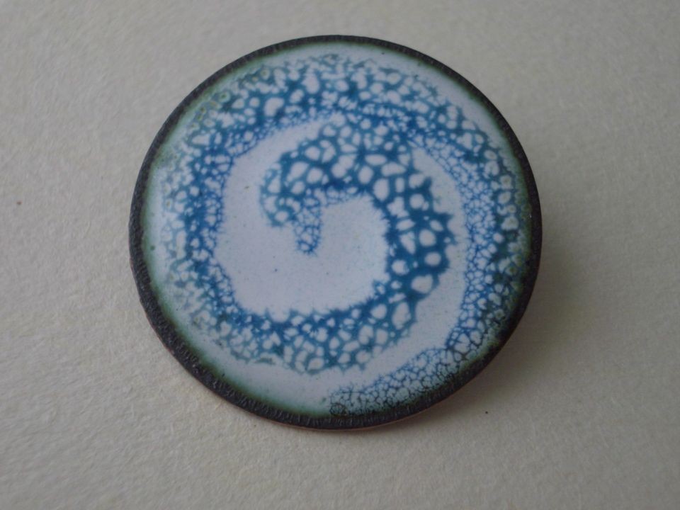 Snow Swirl Brooch/Pin   Kiln Fired Enamel on Copper   Blue & White 