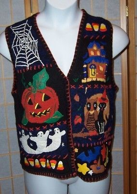 Hampshire Studio Sz M Black Colorful Haunted House Halloween Sweater 