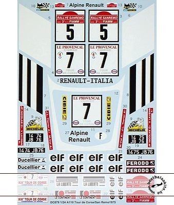 STUDIO 27 RENAULT ALPINE A110 SAN REMO + TOUR DE CORSE 75 DECAL for 