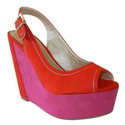 Red & Fuchsia Color Blocked Suede Sling Back Open Toe Platform Wedge 